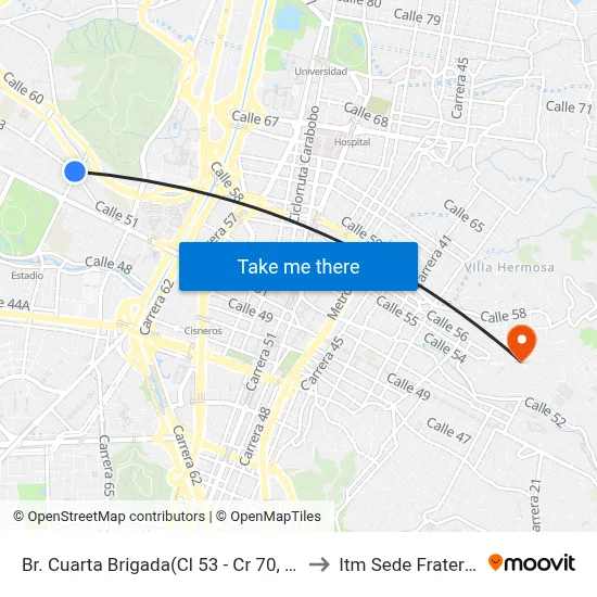 Br. Cuarta Brigada(Cl 53 - Cr 70, Medellín) to Itm Sede Fraternidad map