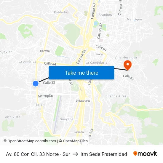 Av. 80 Con Cll. 33 Norte - Sur to Itm Sede Fraternidad map