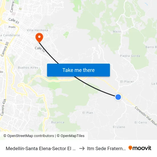 Medellín-Santa Elena-Sector El Recreo to Itm Sede Fraternidad map