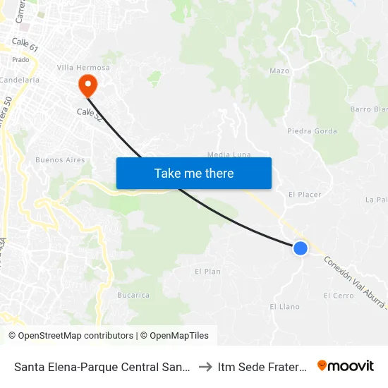 Santa Elena-Parque Central Santa Elena to Itm Sede Fraternidad map