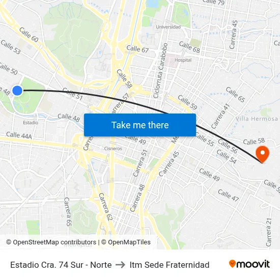 Estadio Cra. 74 Sur - Norte to Itm Sede Fraternidad map