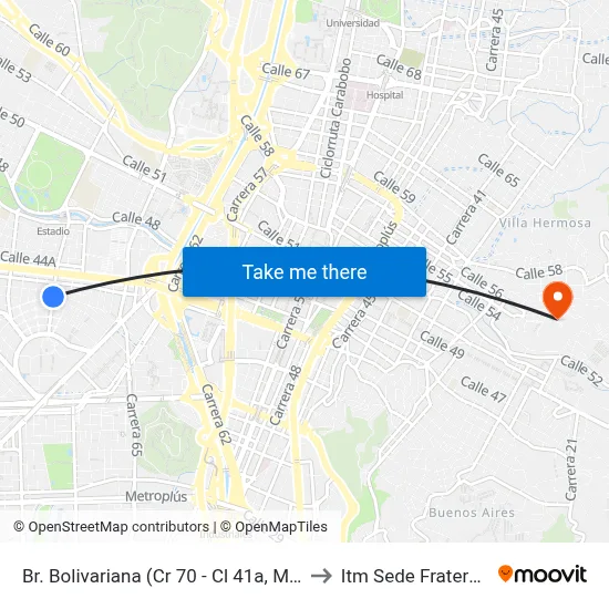 Br. Bolivariana (Cr 70 - Cl 41a, Medellín) to Itm Sede Fraternidad map
