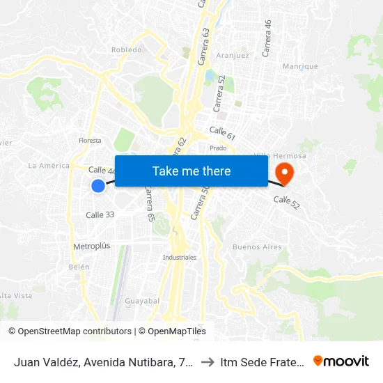 Juan Valdéz, Avenida Nutibara, 74a2-74a44 to Itm Sede Fraternidad map
