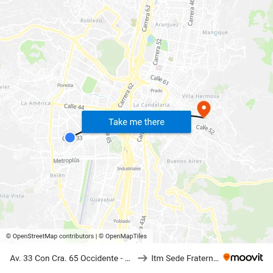 Av. 33 Con Cra. 65 Occidente - Oriente to Itm Sede Fraternidad map