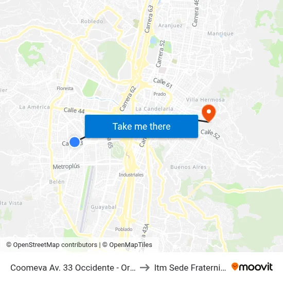 Coomeva Av. 33 Occidente - Oriente to Itm Sede Fraternidad map