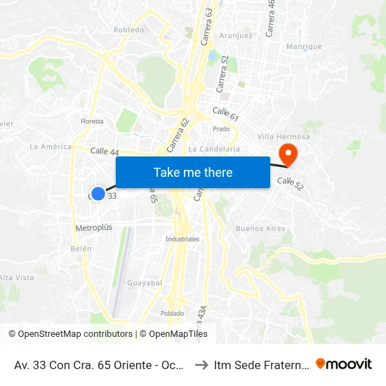 Av. 33 Con Cra. 65 Oriente - Occidente to Itm Sede Fraternidad map