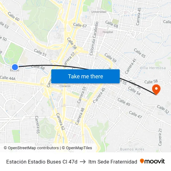 Estación Estadio Buses Cl 47d to Itm Sede Fraternidad map