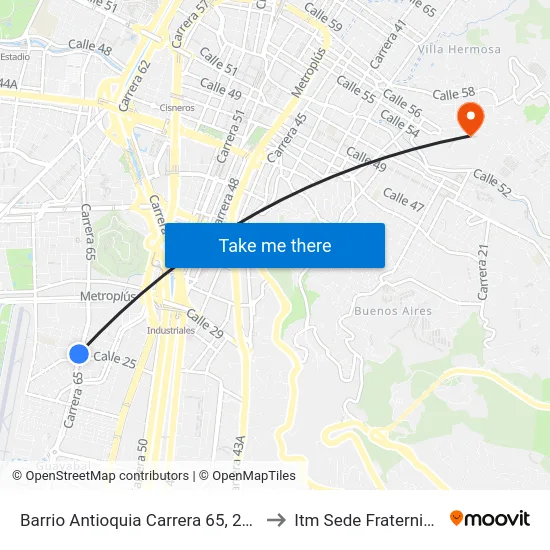 Barrio Antioquia Carrera 65, 25-41 to Itm Sede Fraternidad map
