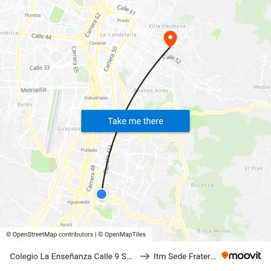 Colegio La Enseñanza Calle 9 Sur, 37-345 to Itm Sede Fraternidad map