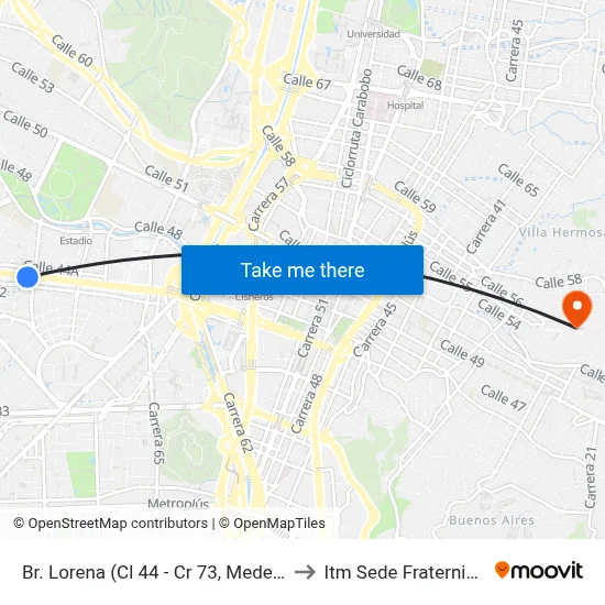 Br. Lorena (Cl 44 - Cr 73, Medellín) to Itm Sede Fraternidad map