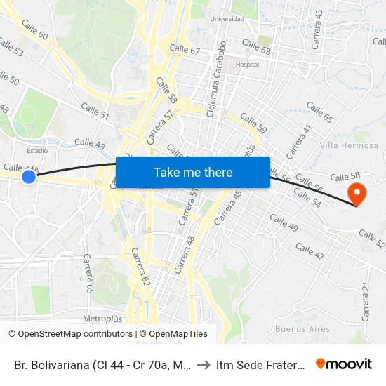 Br. Bolivariana (Cl 44 - Cr 70a, Medellín) to Itm Sede Fraternidad map