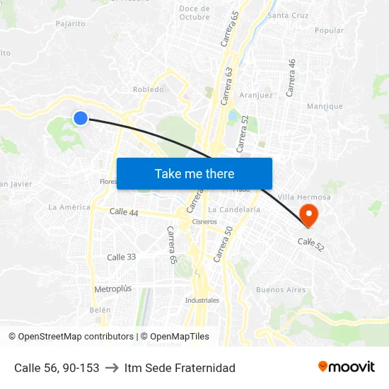 Calle 56, 90-153 to Itm Sede Fraternidad map