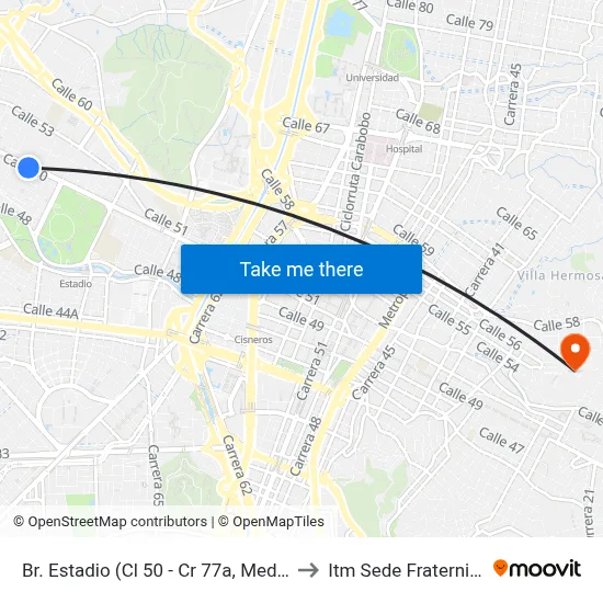 Br. Estadio (Cl 50 - Cr 77a, Medellín) to Itm Sede Fraternidad map