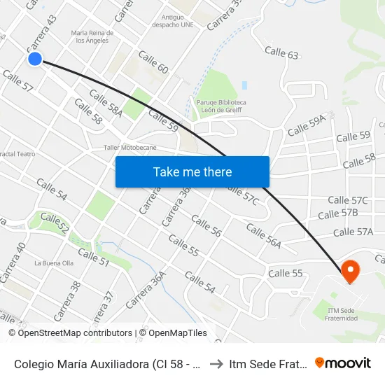 Colegio María Auxiliadora (Cl 58 - Cr 42, Medellín) to Itm Sede Fraternidad map
