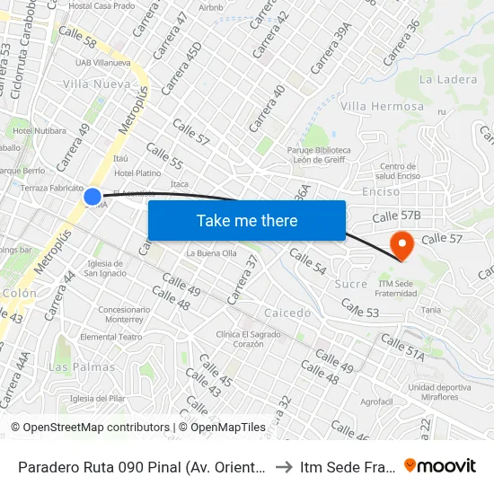 Paradero Ruta 090 Pinal (Av. Oriental - Cl 52, Medellín) to Itm Sede Fraternidad map