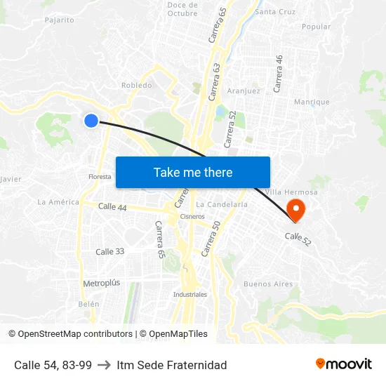 Calle 54, 83-99 to Itm Sede Fraternidad map