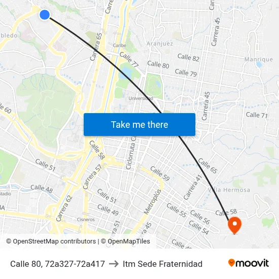 Calle 80, 72a327-72a417 to Itm Sede Fraternidad map