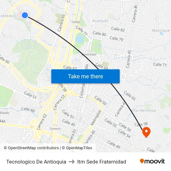Tecnologico De Antioquia to Itm Sede Fraternidad map