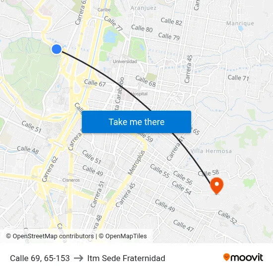 Calle 69, 65-153 to Itm Sede Fraternidad map