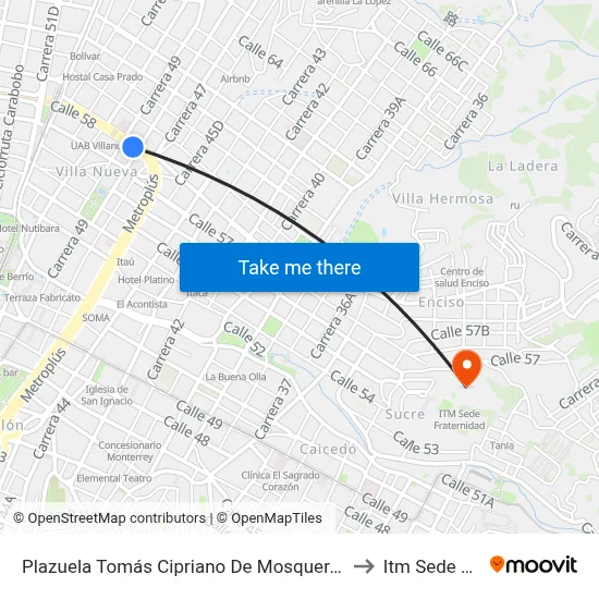 Plazuela Tomás Cipriano De Mosquera (Av. Oriental - Kr 48, Medellín) to Itm Sede Fraternidad map