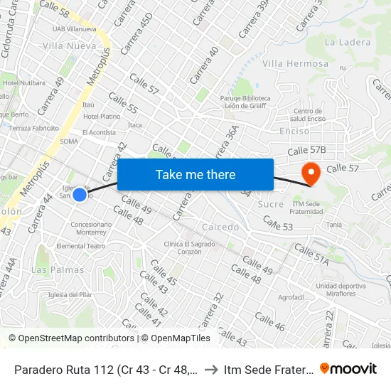 Paradero Ruta 112 (Cr 43 - Cr 48, Medellín) to Itm Sede Fraternidad map