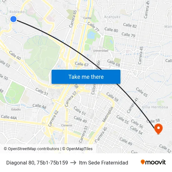 Diagonal 80, 75b1-75b159 to Itm Sede Fraternidad map