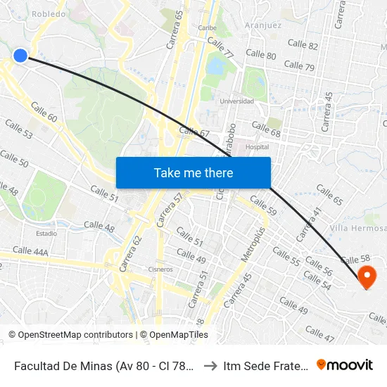 Facultad De Minas (Av 80 - Cl 78a, Medellín) to Itm Sede Fraternidad map