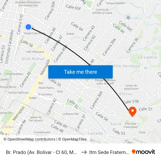 Br. Prado (Av. Bolívar - Cl 60, Medellín) to Itm Sede Fraternidad map