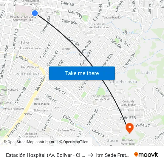 Estación Hospital (Av. Bolívar - Cl 65, Medellín) to Itm Sede Fraternidad map