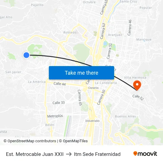 Est. Metrocable Juan XXII to Itm Sede Fraternidad map
