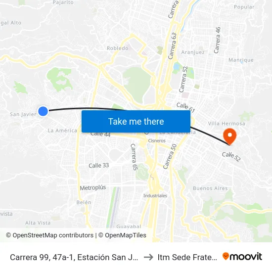 Carrera 99, 47a-1, Estación San Javier Buses to Itm Sede Fraternidad map