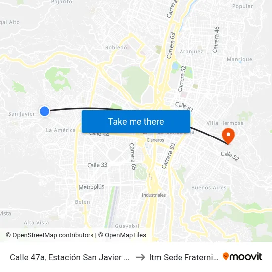 Calle 47a, Estación San Javier Buses to Itm Sede Fraternidad map