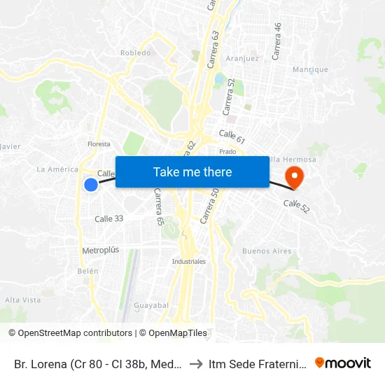 Br. Lorena (Cr 80 - Cl 38b, Medellín) to Itm Sede Fraternidad map