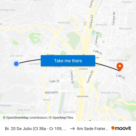 Br. 20 De Julio (Cl 38a - Cr 109, Medellín) to Itm Sede Fraternidad map