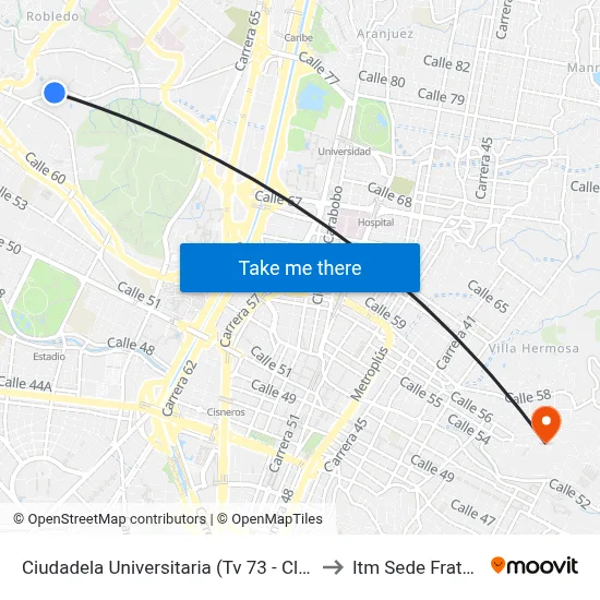 Ciudadela Universitaria (Tv 73 - Cl 65, Medellín) to Itm Sede Fraternidad map