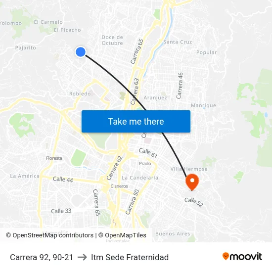 Carrera 92, 90-21 to Itm Sede Fraternidad map