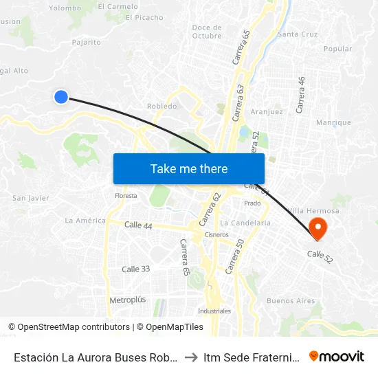 Estación La Aurora Buses Robledo to Itm Sede Fraternidad map