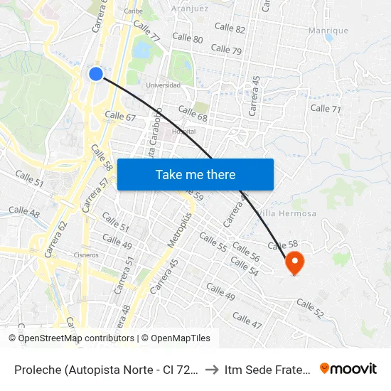 Proleche (Autopista Norte - Cl 72, Medellín) to Itm Sede Fraternidad map