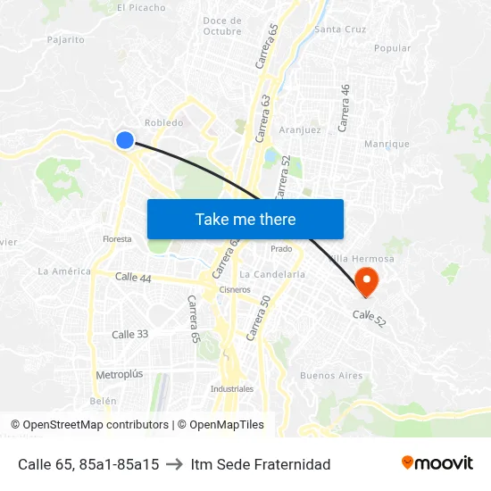 Calle 65, 85a1-85a15 to Itm Sede Fraternidad map