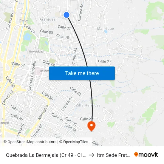 Quebrada La Bermejala (Cr 49 - Cl 85c, Medellín) to Itm Sede Fraternidad map