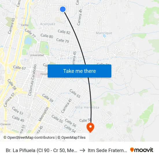 Br. La Piñuela (Cl 90 - Cr 50, Medellín) to Itm Sede Fraternidad map