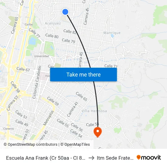 Escuela Ana Frank (Cr 50aa - Cl 87, Medellín) to Itm Sede Fraternidad map