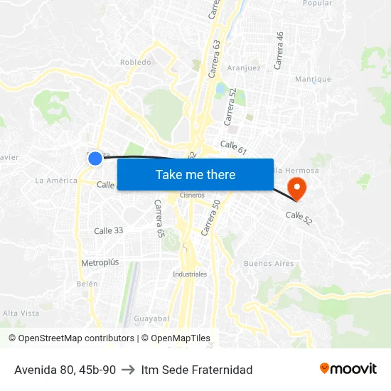 Avenida 80, 45b-90 to Itm Sede Fraternidad map