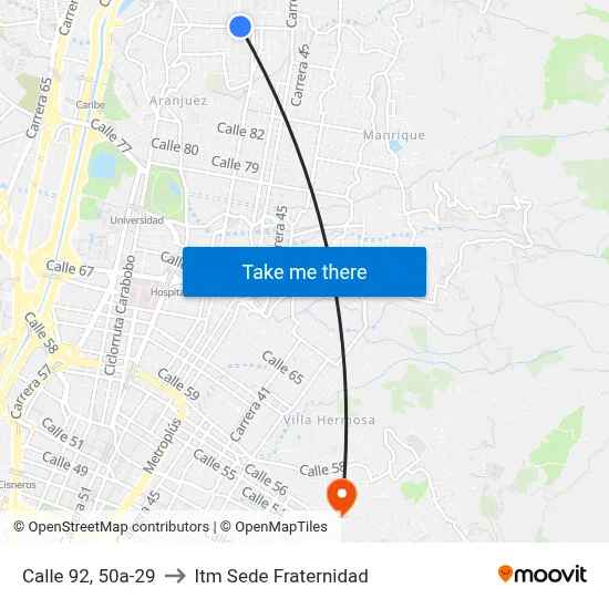 Calle 92, 50a-29 to Itm Sede Fraternidad map
