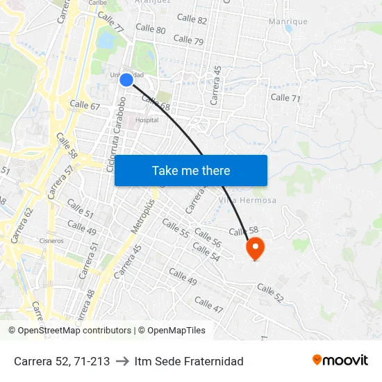 Carrera 52, 71-213 to Itm Sede Fraternidad map