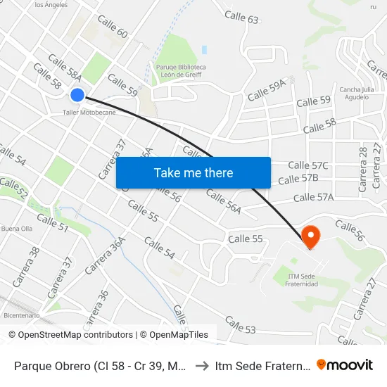 Parque Obrero (Cl 58 - Cr 39, Medellín) to Itm Sede Fraternidad map