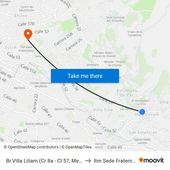 Br.Villa Liliam (Cr 8a - Cl 57, Medellín) to Itm Sede Fraternidad map