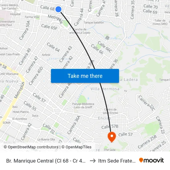 Br. Manrique Central (Cl 68 - Cr 48, Medellín) to Itm Sede Fraternidad map