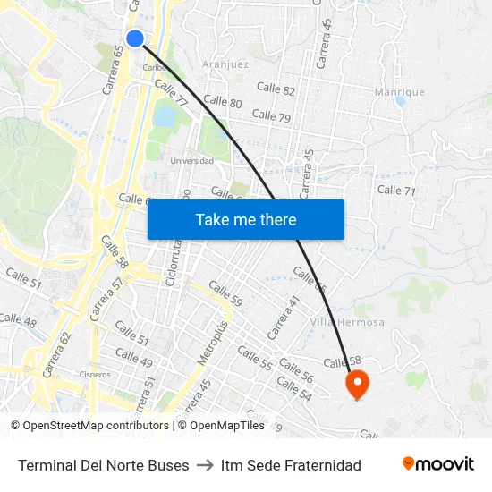 Terminal Del Norte Buses to Itm Sede Fraternidad map
