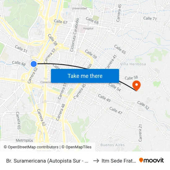 Br. Suramericana (Autopista Sur - Cl 49a, Medellín) to Itm Sede Fraternidad map